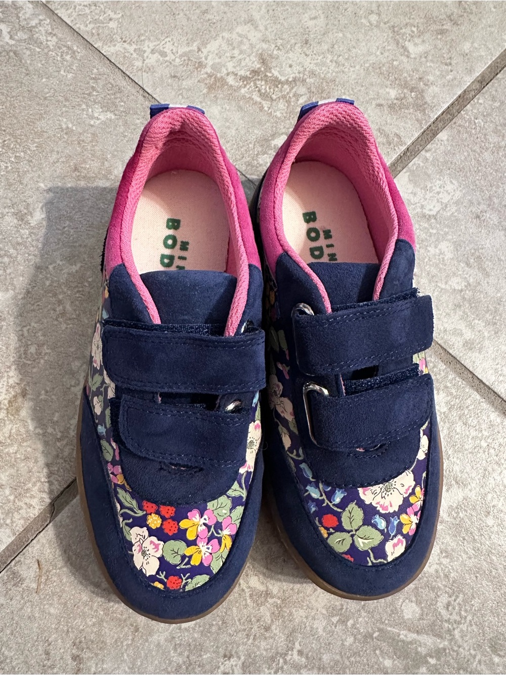 Mini Boden Navy Floral Velcro Sneakers with Pink Lining